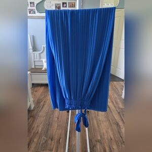 Blue Pleated Pants with Tie Detail